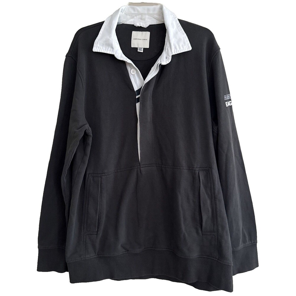American Eagle Rugby Sweatshirt Mens XLT Charcoal Oversized A.E. USA Sleeve Hit